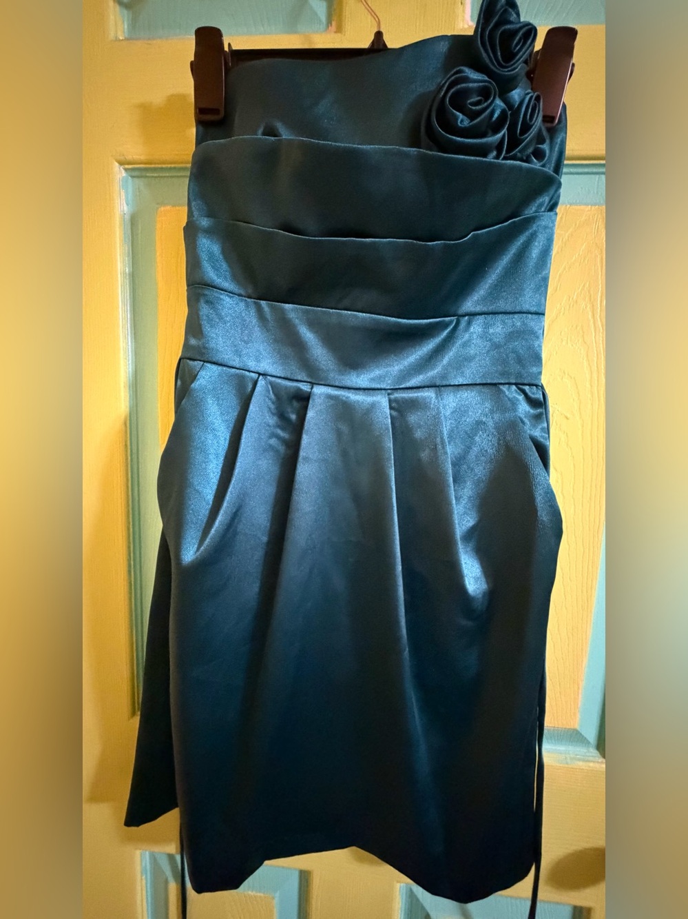 Teeze Me Teal Green Strapless Satin Cocktail Dress with Rosette Juniors 7